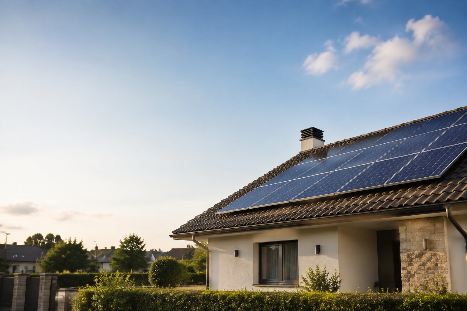 Vivienda con paneles solares en el tejado